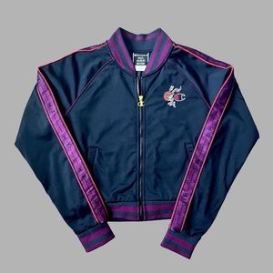 ornate, black and maroon track jacket from champion